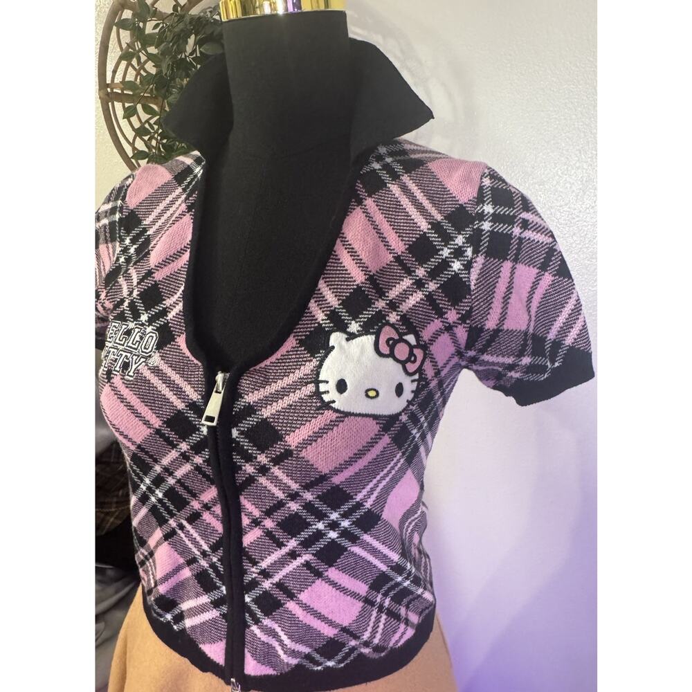 Hello Kitty Pink Plaid Cropped Y2k Zipper SweaterKawaii Punk Goth Coquette